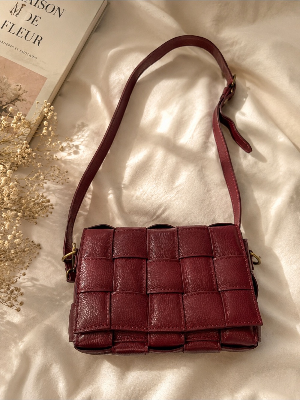 Woven Leather Crossbody Bag in Burgundy MADE IN  ITALY